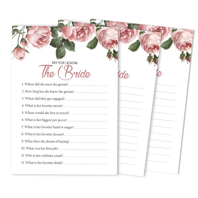 Inkdotpot How Well Do You Know The Bride Bridal Shower Bachelorette PartyGameActivityCards 50-PackFloralWho Know The Bride Best