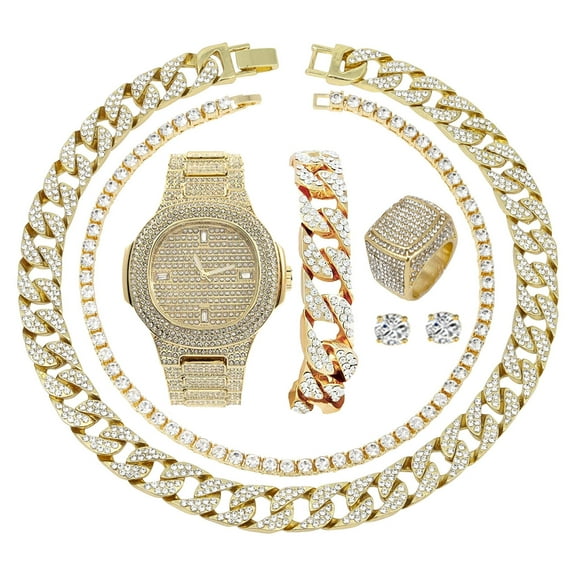 Fully Iced Mens Big Rocks Bezel Color Dial with Baguette , Cuban Chain Bracelet, Cuban Necklace, Tennis Chain & Ring - CRNT (8967 Gold, 9)