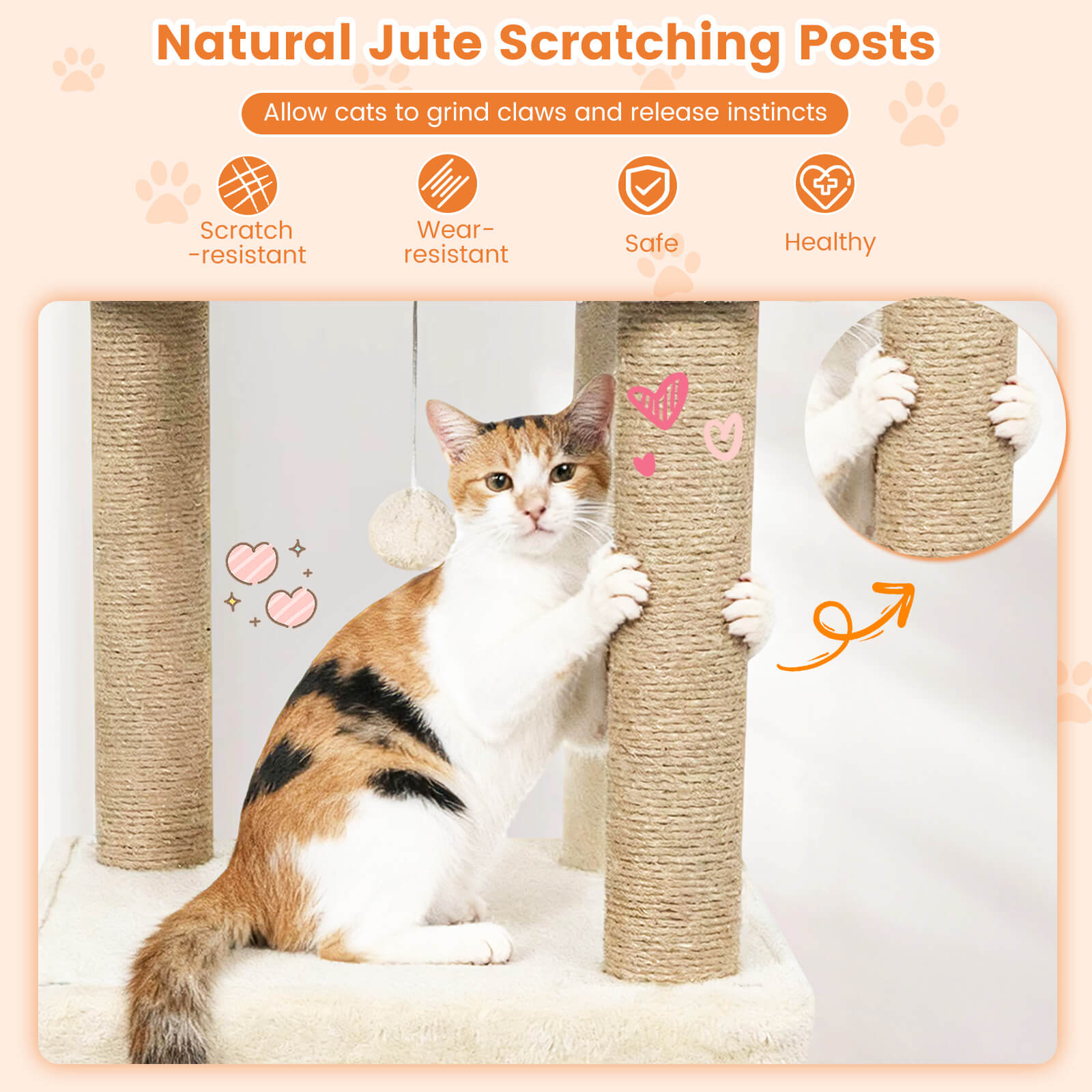 Costway 64” Tall Cat Tree with 2 Large Condos, Jute Scratching Posts, Plush Top Perch Beige