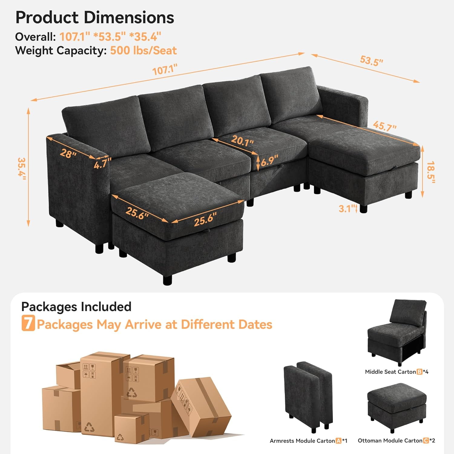 107”Modular Sectional Sofa Convertible U Shaped Sofa Couch Set with Storage for Living Room, Modern 6 Seater Modular Sectional Couch with Movable Ottoman, Chenille Dark Grey