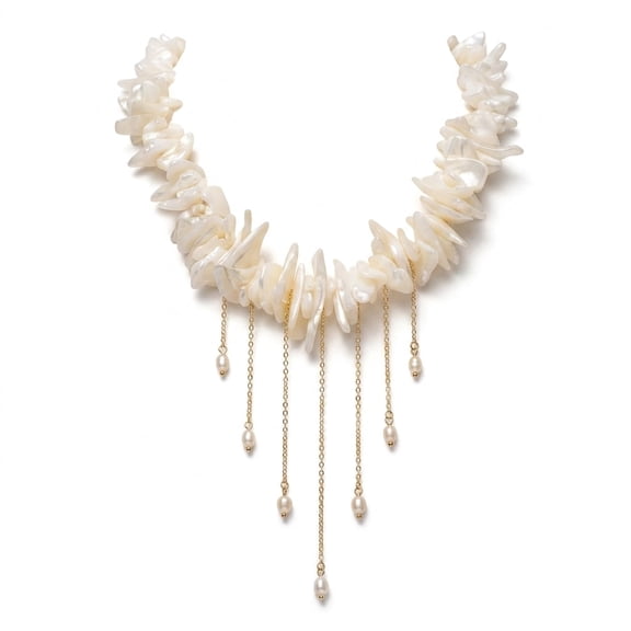 RUNDRAW Women’s Boho Bow Collar Necklace with Irregular Chip Shell Bead Pendant & Dangling Imitation Pearl Tassels