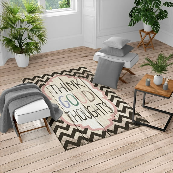Saying Turkish Area Rug, Think Thoughts Message with Rainbow Colored Letters on Chevron Zigzag Lines, Soft Carpet for Living Room Decor with Distressed Look, 4' X 5.7', Dark Cocoa, by Ambesonne