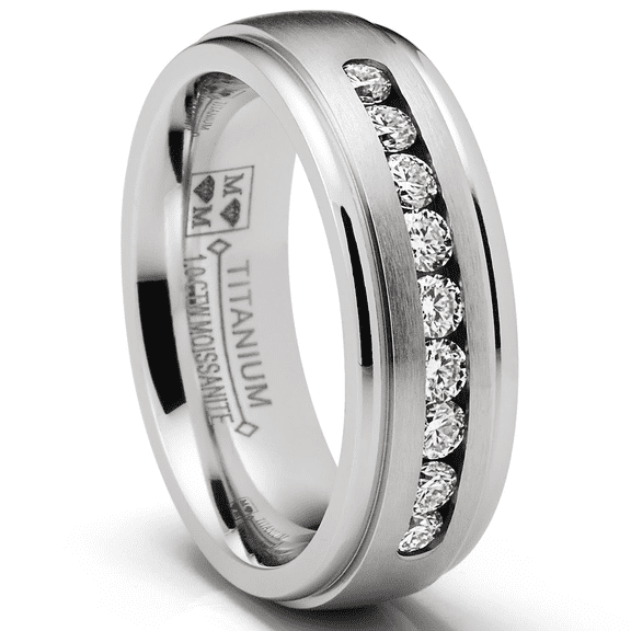 Metal Masters 1 Carat Moissanite Mens Wedding Band Engagement Ring Step Edge 9 Round Channel-Set Stones 7MM
