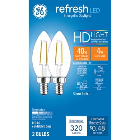 GE Refresh HD LED 40 Watt Replacement, Daylight, B11 Deco - Candle Bulbs (2 Pack)