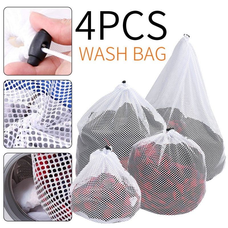 Mesh Laundry Bags Reusable Drawstring Laundry Washing Bag for Washing Machine 4Pcs Durable Laundry Net Washing Bag Bra/Lingerie/Socks/Tights/Stockings/Baby Clothes-White