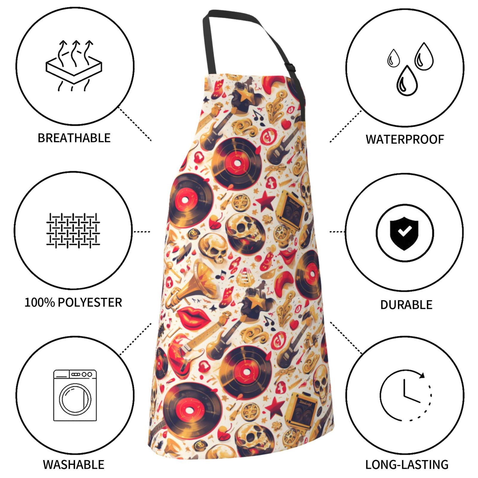 Kdxio gold Skull Guitar record Apron with Pockets Adjustable Kitchen Aprons for Men Women Waterproof Aprons for Cooking,Drawing,Crafting, Baking Household Cleaning