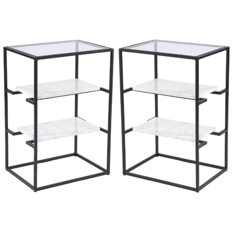 Home Square Metal End Table with Glass Top in Black Set of 2