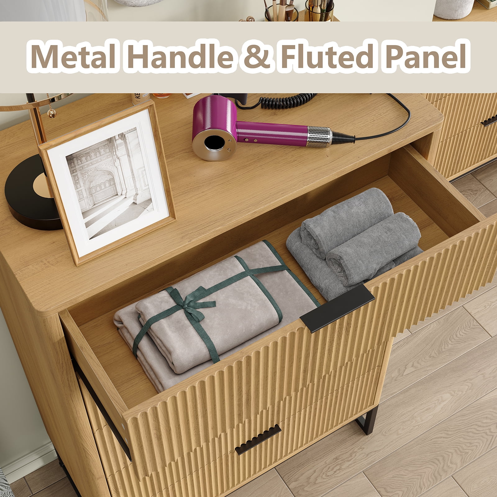 Furnihold Fluted 5 Drawers Dresser,Storage Drawers,Modern Closet Dressers Chest of Drawers, Wood Storage Dresser Organizer for Bedroom