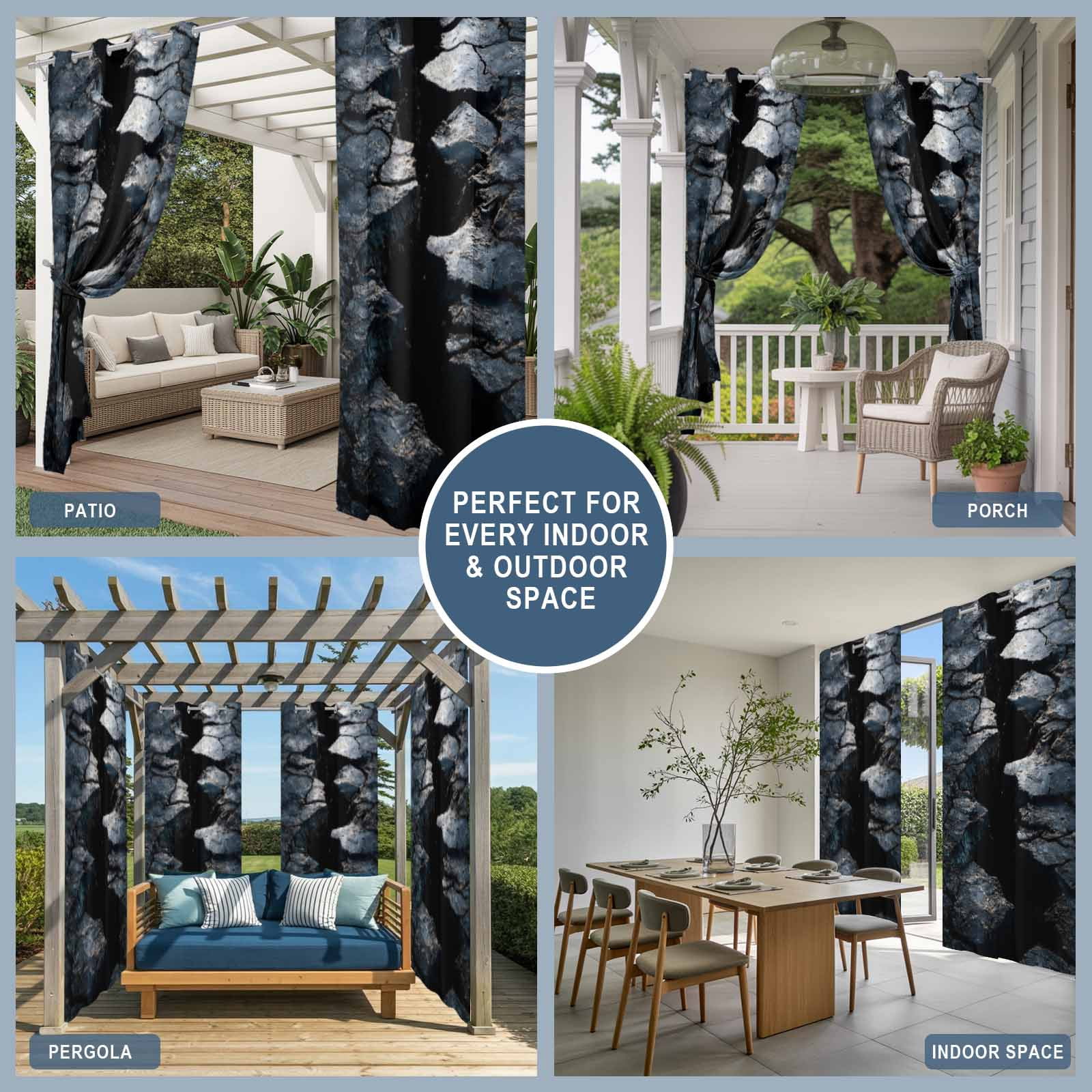 Abstract Crack Outdoor Curtains for Patio, Black Gray Cracked Earth Texture Earthly Fissure Sunshade Privacy Drapes Grommet Waterproof Outside Curtains for Porch/Cabana/Balcony 54"x 108", 1 Panel