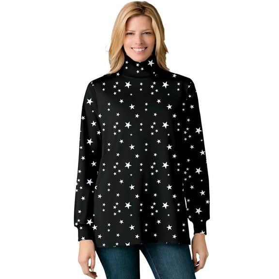 Woman Within Plus Size Perfect Printed Long-Sleeve Turtleneck Tee