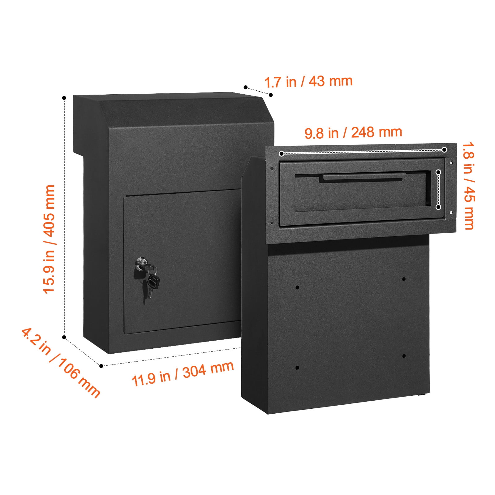 KFFKFF Heavy-Duty Steel Through-Door Mailbox with Key Lock, 12x6x16" Secure Drop Box, Black