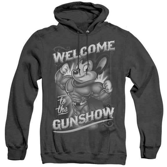 Mighty Mouse Mighty Gunshow Adult Heather Hoodie Sweatshirt Black