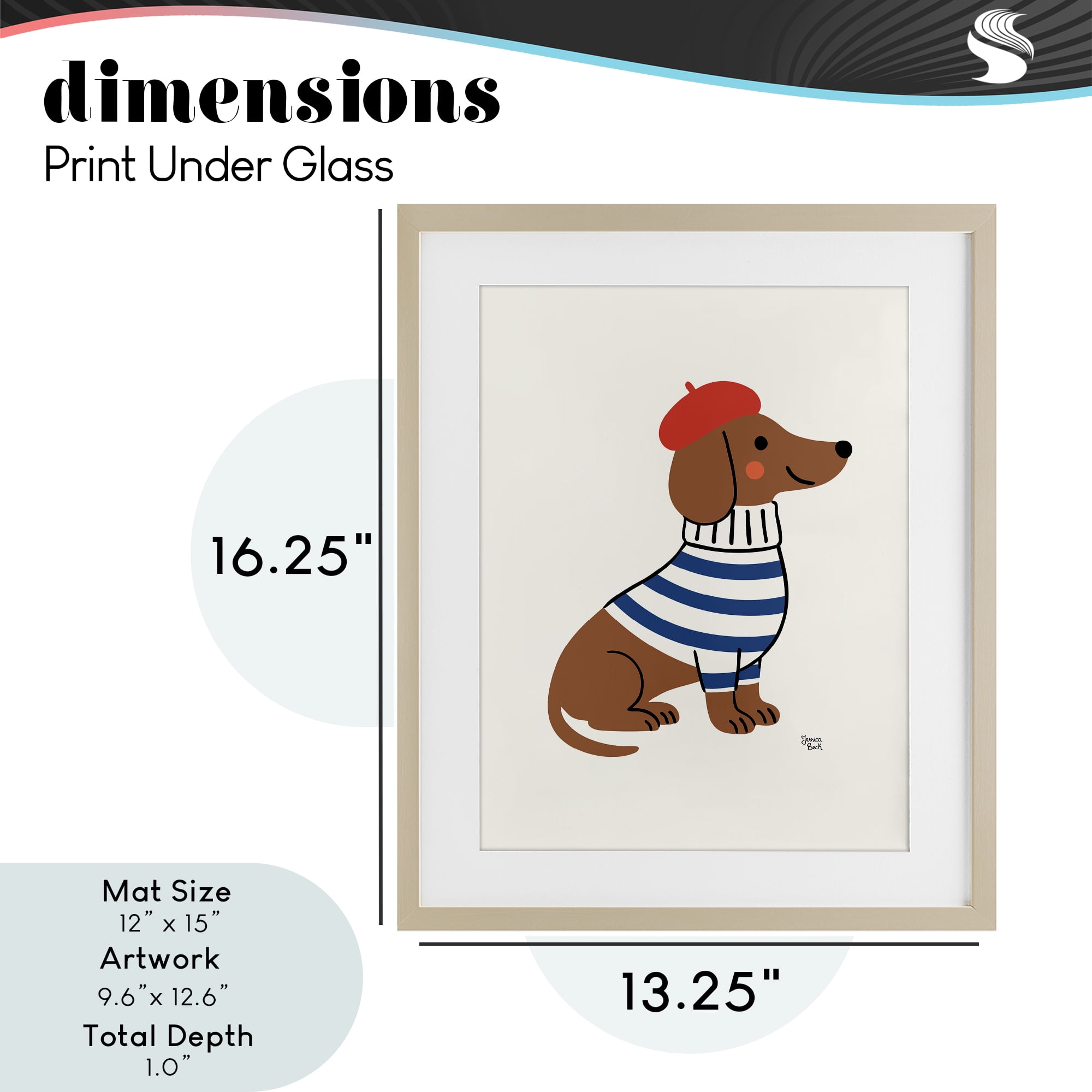 French Dachshund in Beret Birch Framed Print Under Glass, design by Jessica Beck
