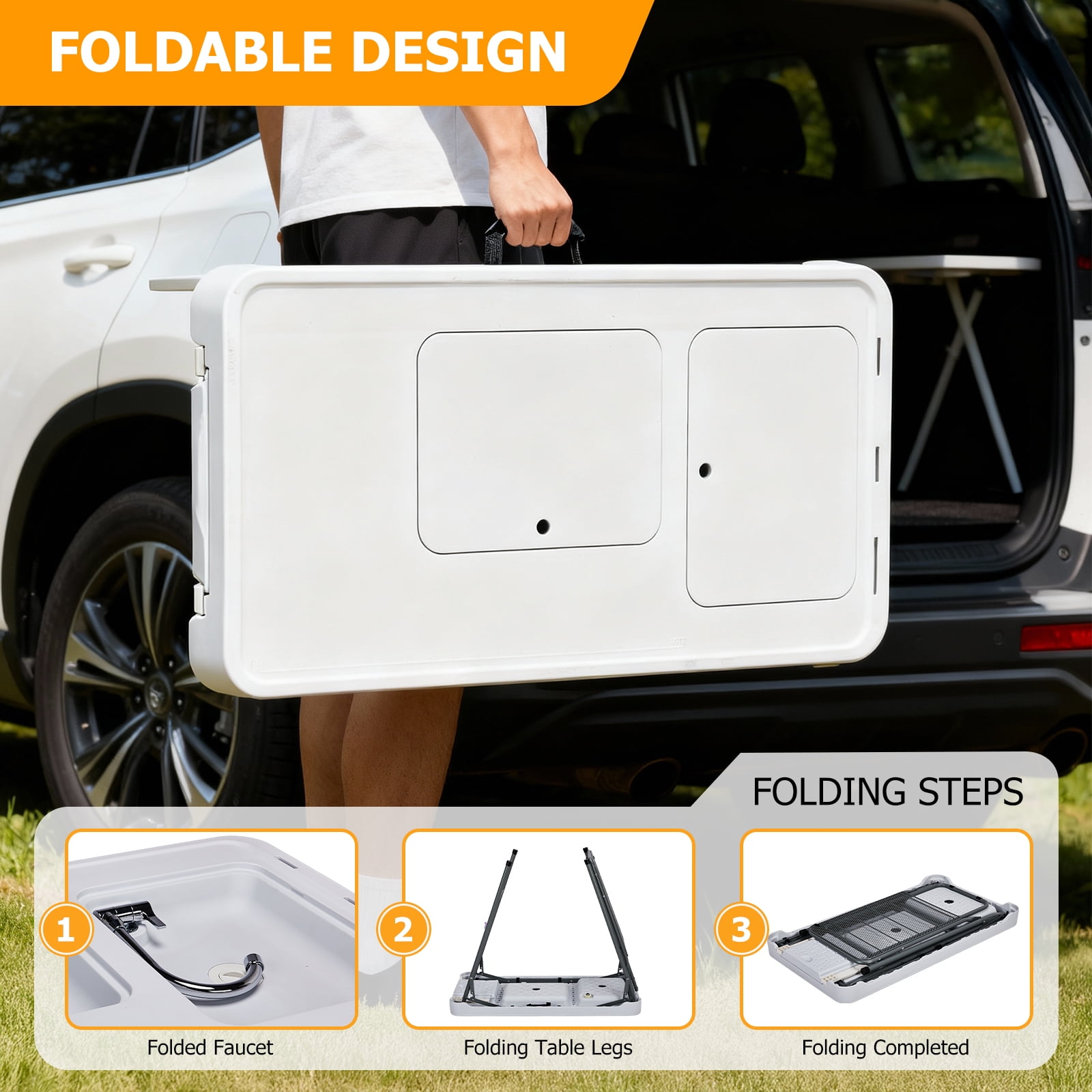42.5" Fish Cleaning Table with Dual Sink, Portable Folding Camping Table with Foldable Extension Stand, Faucet, Sprayer, Grid Rack & Hose Hook Up, Outdoor Sink Station for Picnic