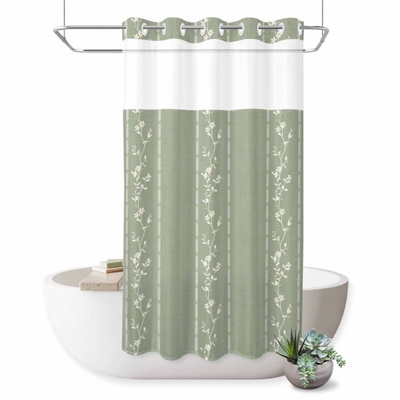 No Hook Shower Curtain Blue Floral Branches Shower Curtain for Bathroom Flower Vines Sage Green Bath Curtains Waterproof Fabric with See Through Top Window for Spa Hotel 36x72 Inch