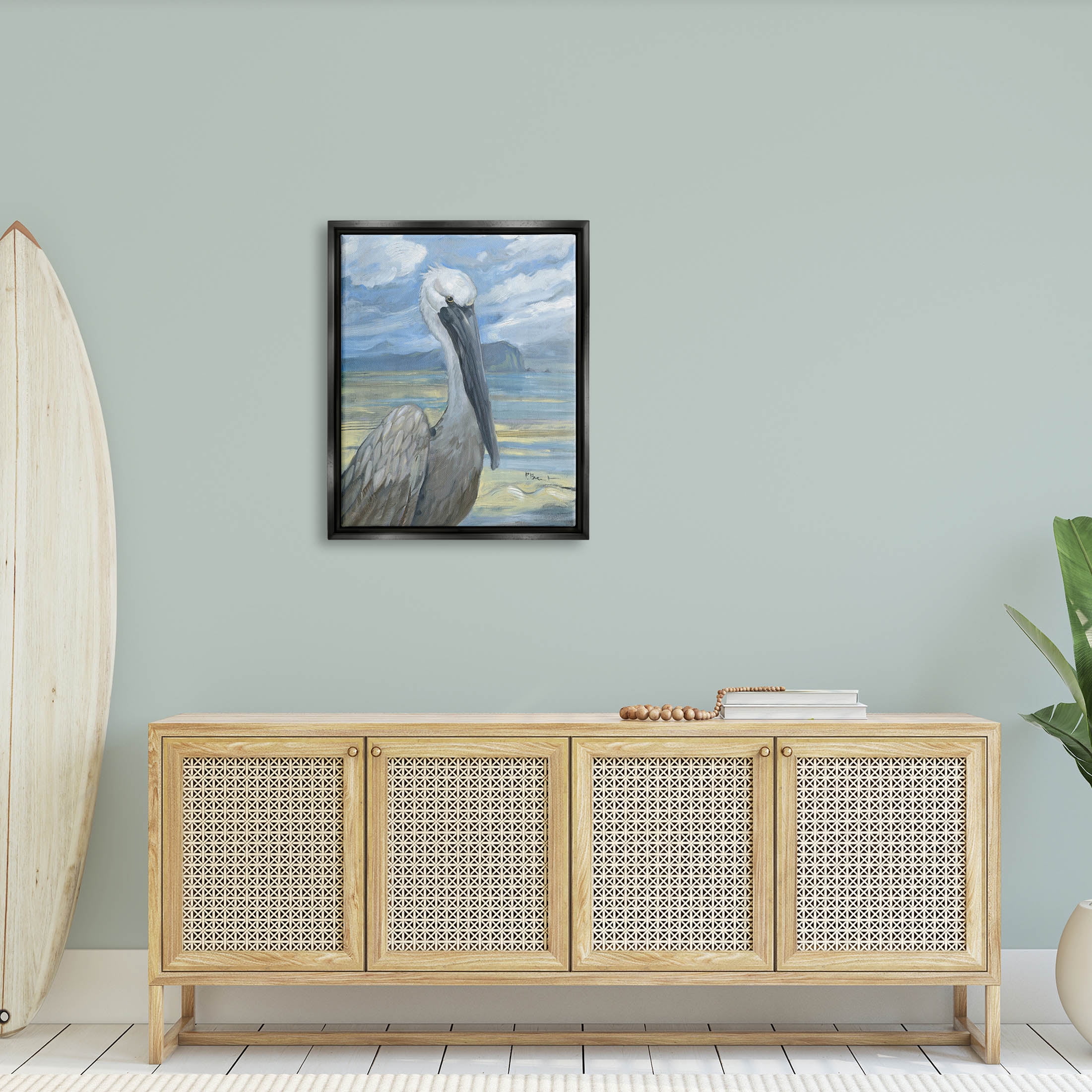 Stupell Industries Salty Pelican Cloudy Coastal beach Painting Jet Black Floating Framed Canvas Print Wall Art, Design by Paul Brent