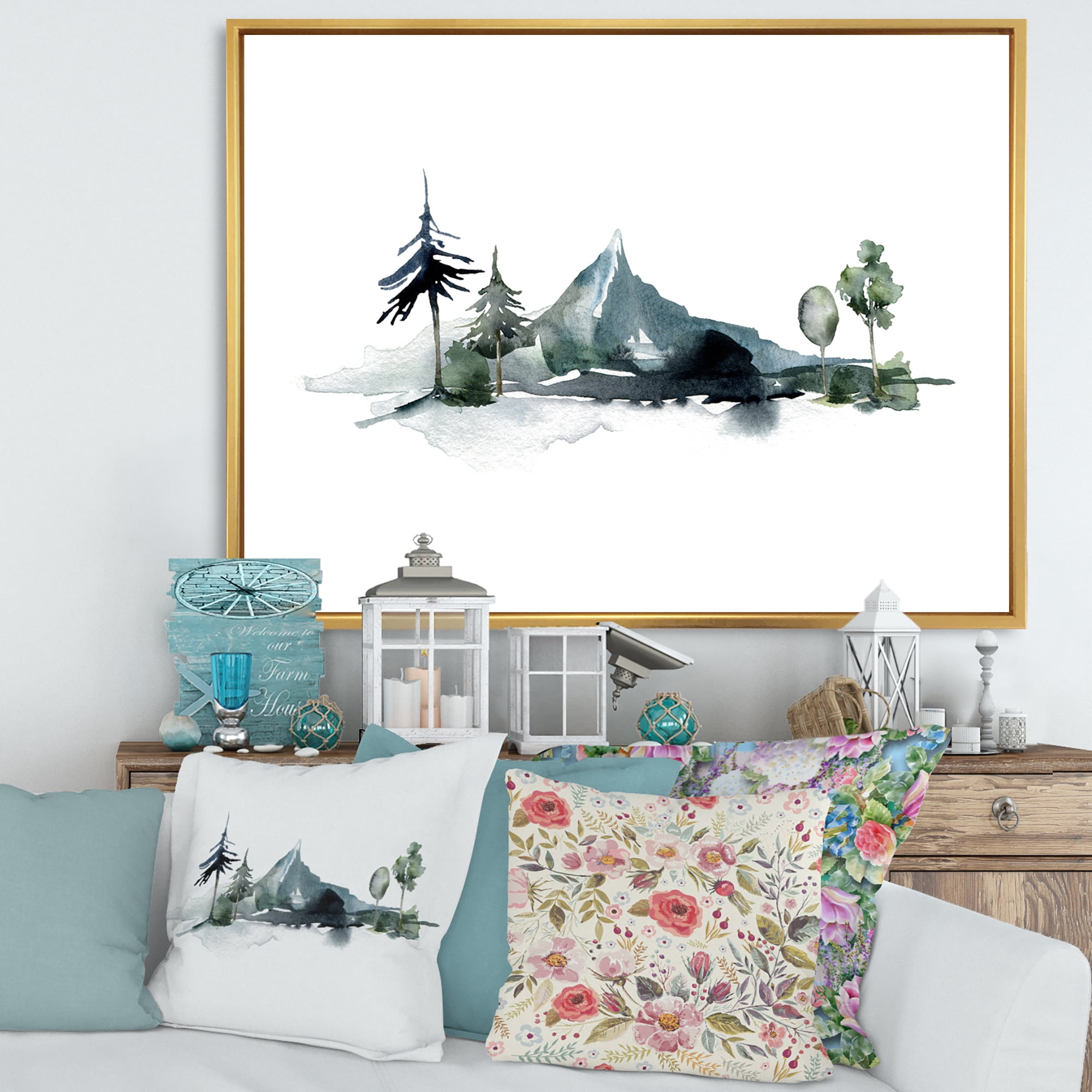 Designart 'Minimalistic Fir Forest and Winter Mountains II' Modern Framed Canvas Wall Art Print