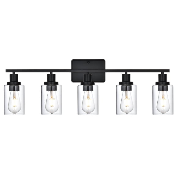 Melucee Vanity Lights Black 5 light Bathroom Lighting with clear glass Square Plate Wall Mount Light