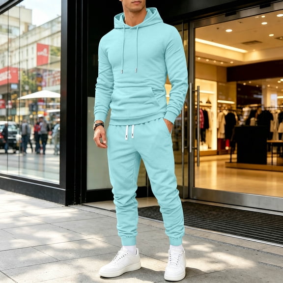 Domuza Mens Track Suits 2 Piece Set Long Sleeve Drawstring Hoodies and Sweatpants Fall Athletic Gym Activewear
