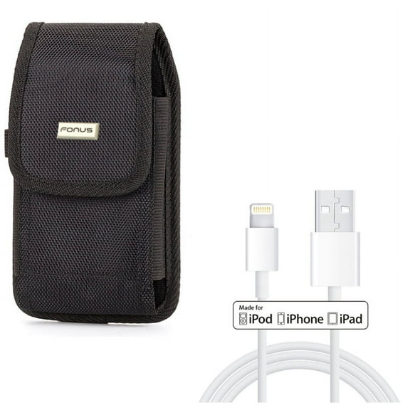Certified 6ft MFi USB Cable w Rugged Case Belt Clip for iPhone XS Max/8 PLUS/7 Plus/6S Plus/6 Plus - Charger Cord Power Wire Sync Long and Holster Canvas Cover Pouch Carry