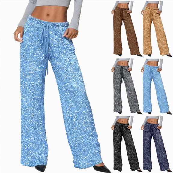 vigerkar Sequin Sparkle Wide Leg Pants for Women Wide Leg Sparkly Glitter Long Pants Soft Drawstring Waist Trendy Trousers (Khaki, XL)