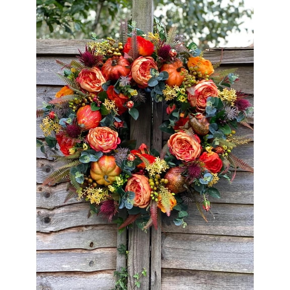 Fall Wreath with Peonies & Pumpkins - Autumn Front Door Decor with Maple Leaves and Berries, Durable Farmhouse Wreath for Year-Round Home Decoration