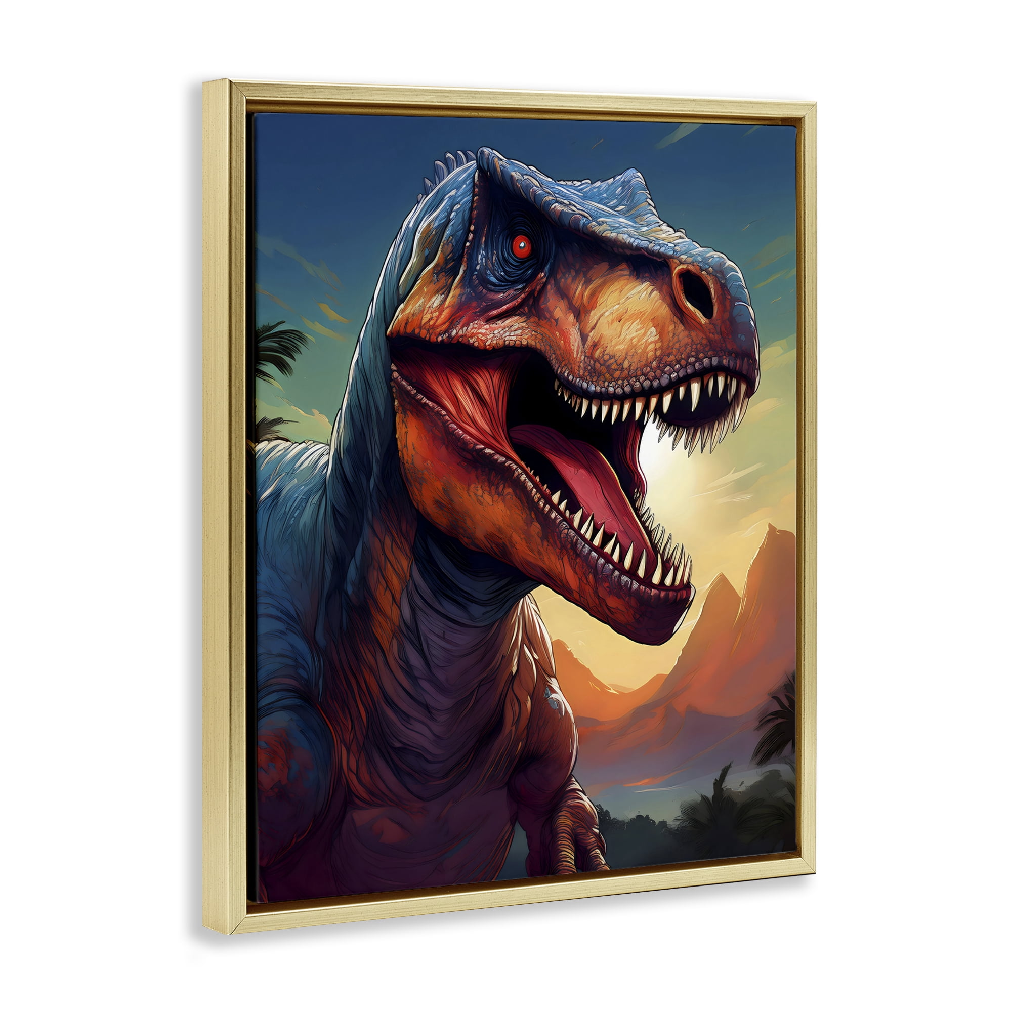 Stupell Industries Dinosaur with Sunset Landscape Gold Framed Floater Canvas Wall Art, design by Creative Studio