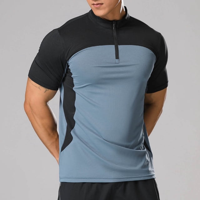 pstuiky camisetas para hombre, Camiseta deportiva de manga corta con cuello alto y cremallera de color liso para hombre, informal, elástica, a la moda ropa de hombre xl