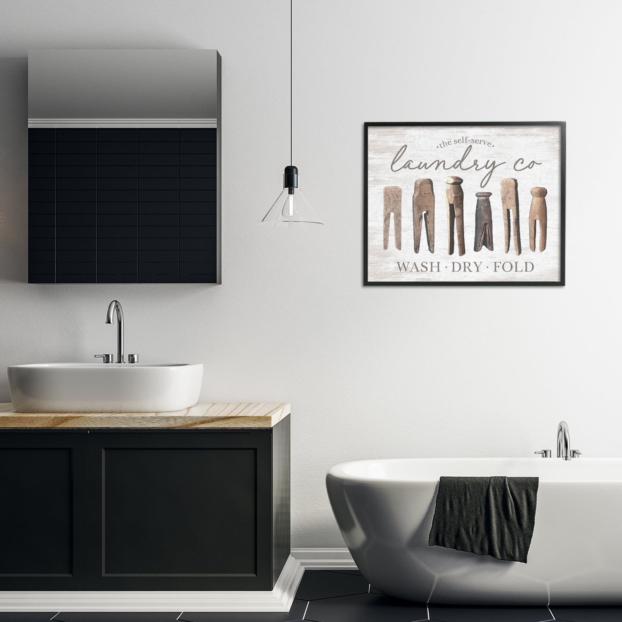Stupell Industries Rustic Laundry Clothespins Typography Painting Black Framed Art Print Wall Art, 30 x 24