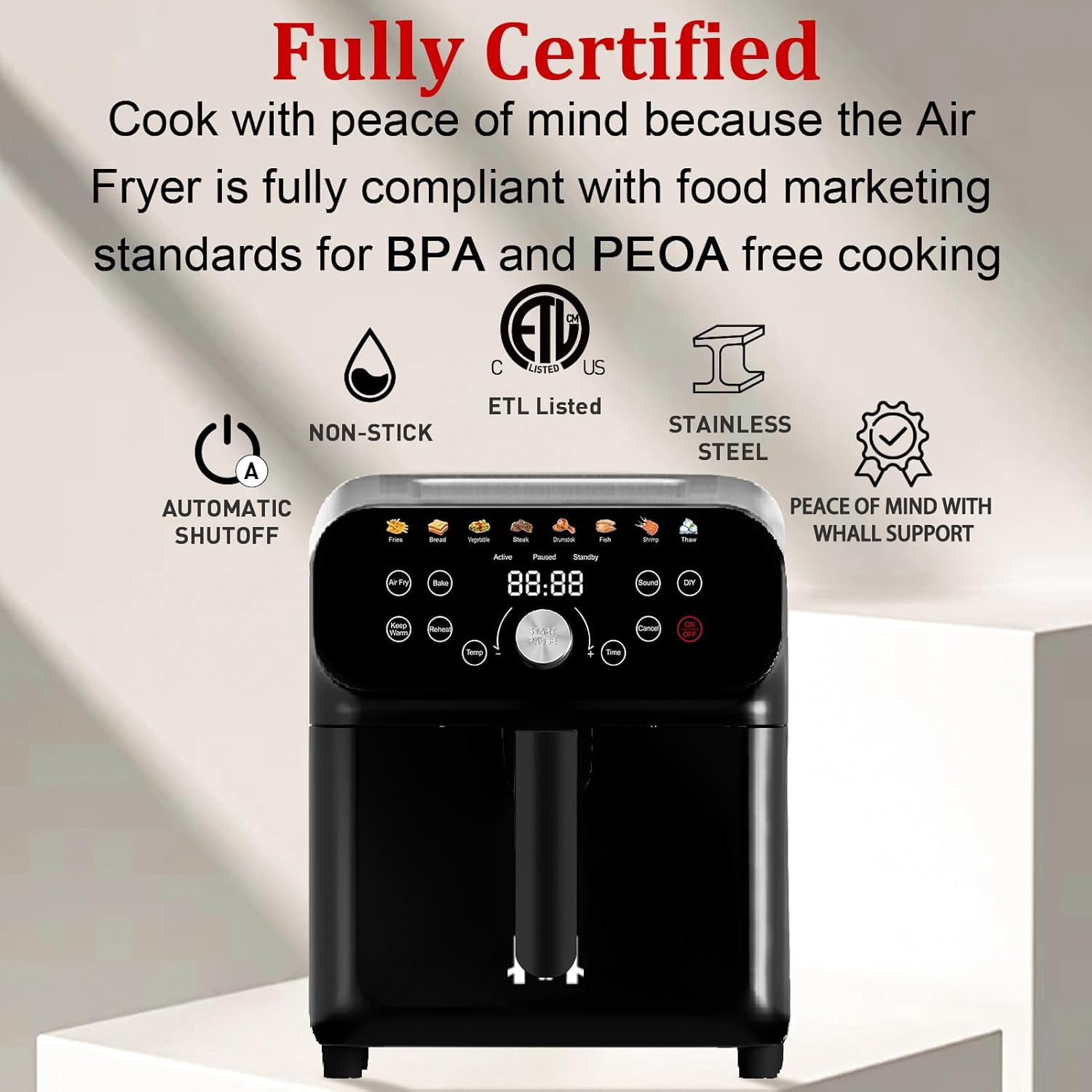 Air Fryer, 6.2QT Air Fryer Oven with LED Digital Touchscreen, 12 Preset Cooking Functions Air fryers, Bake, Reheat, Keep Warm, Nonstick and Dishwasher-Safe Basket, Stainless Steel/Black, 6.2QT