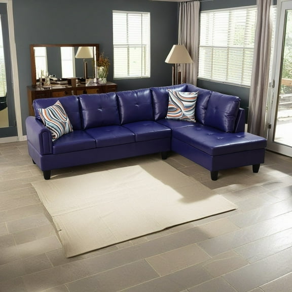Hommoo Faux Leather 4-Seat Couch, L Shaped Sectional Couches and Sofas, 16'' Back Height Modern Living Room Furniture Sets Sectional Sofa Set, Blue(No Ottoman)