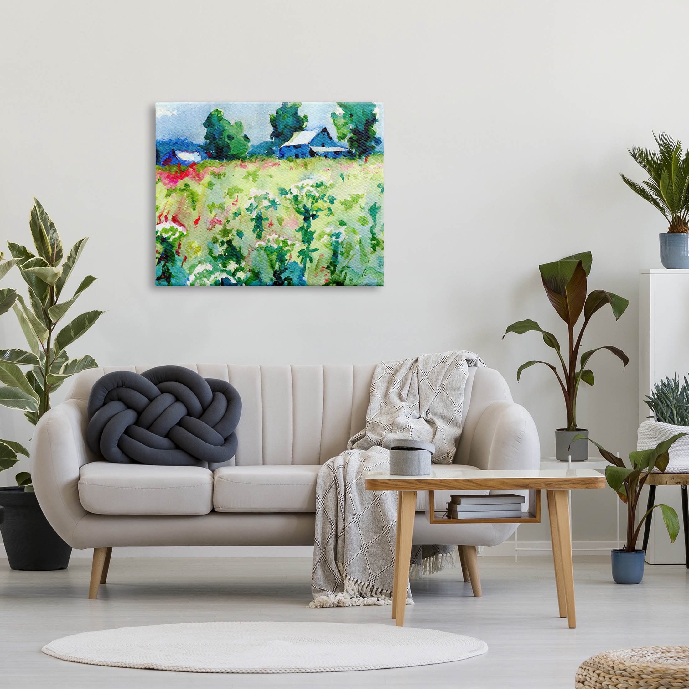 Country Meadow Cottage Landscape Landscape Painting Gallery Wrapped Canvas Print Wall Art
