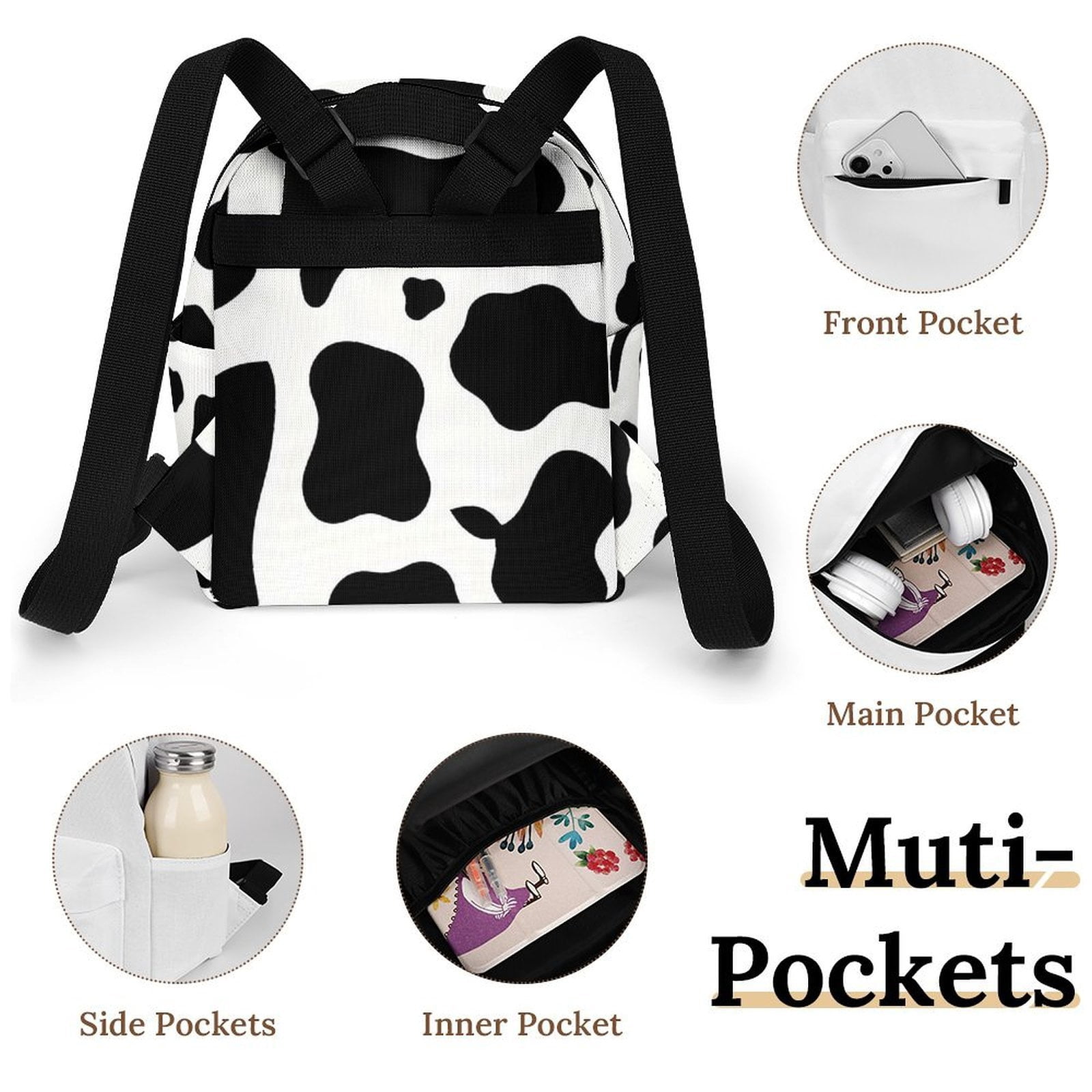 8.1×10in Casual Women'S Backpack With Anti-Contraction And Stretch For Sports Activities Travel Picnics Simple Cow Print Pattern, Vector Art Style_4