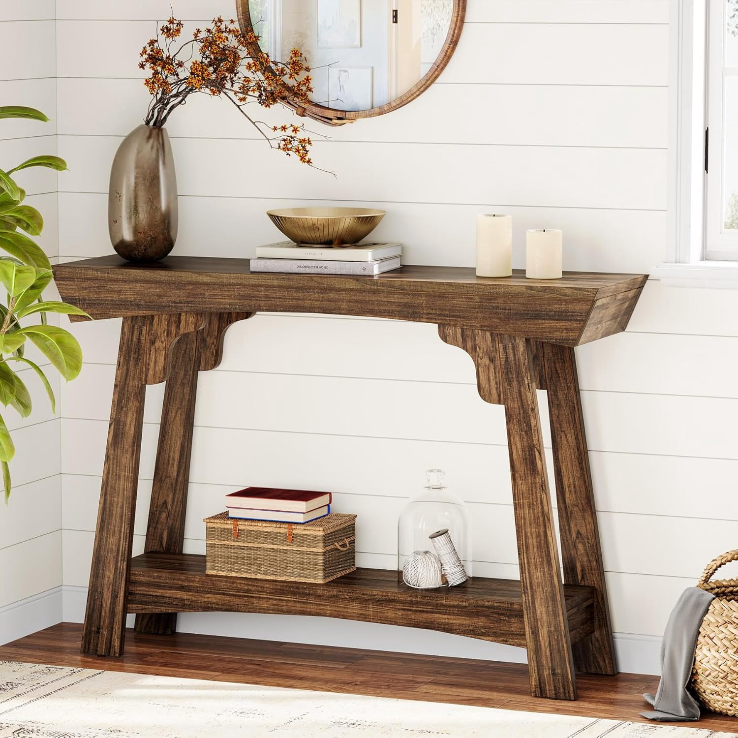 Tribesigns 41.3” Console Table, 2-Tier Narrow Entryway Table with Storage Shelf, Farmhouse Wood Sofa Table for Foyer, Hallway, Living Room, Rustic Brown