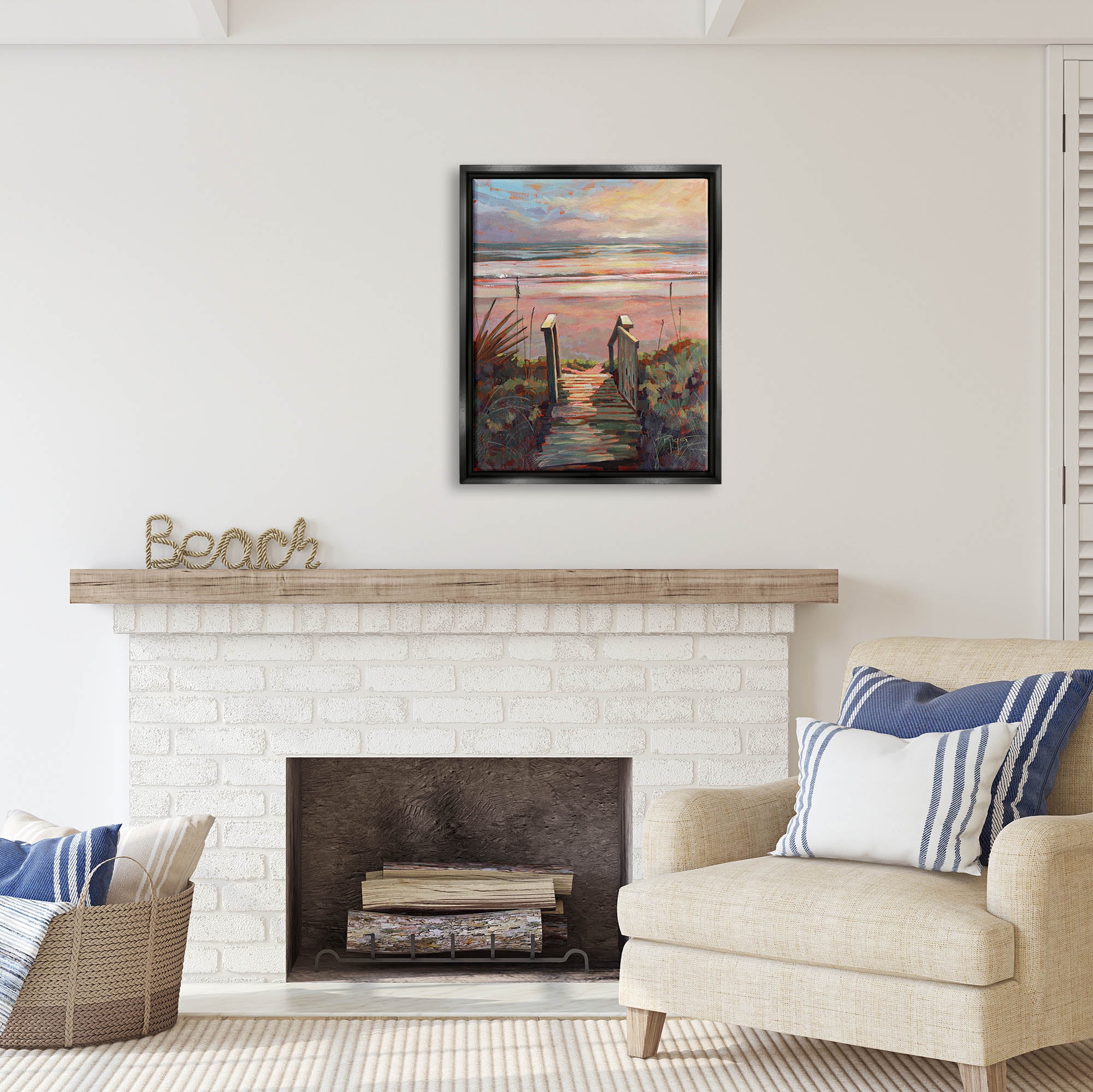 Stupell Industries Beach Shore Sunset Boardwalk Path Coastal Painting Black Floater Framed Art Print Wall Art