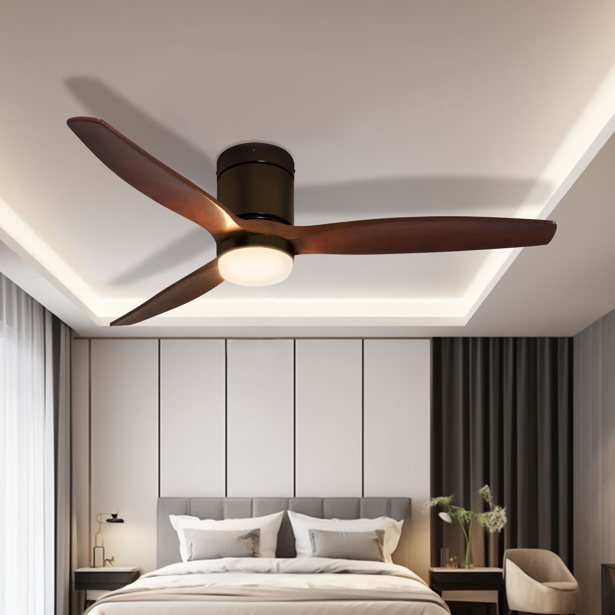 Dextrus 52 Inch Ceiling Fan with Light and Remote, Wall Control Flush Mount Fan Light with 6 Speed, 3 Blades,Reversible Airflow - Black & Walnut