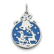 Carat in Karats Sterling Silver Polished Finish Rhodium-Plated Blue Enamel Santa With Reindeer Circle Charm Pendant (23.5mm x 14.5mm)