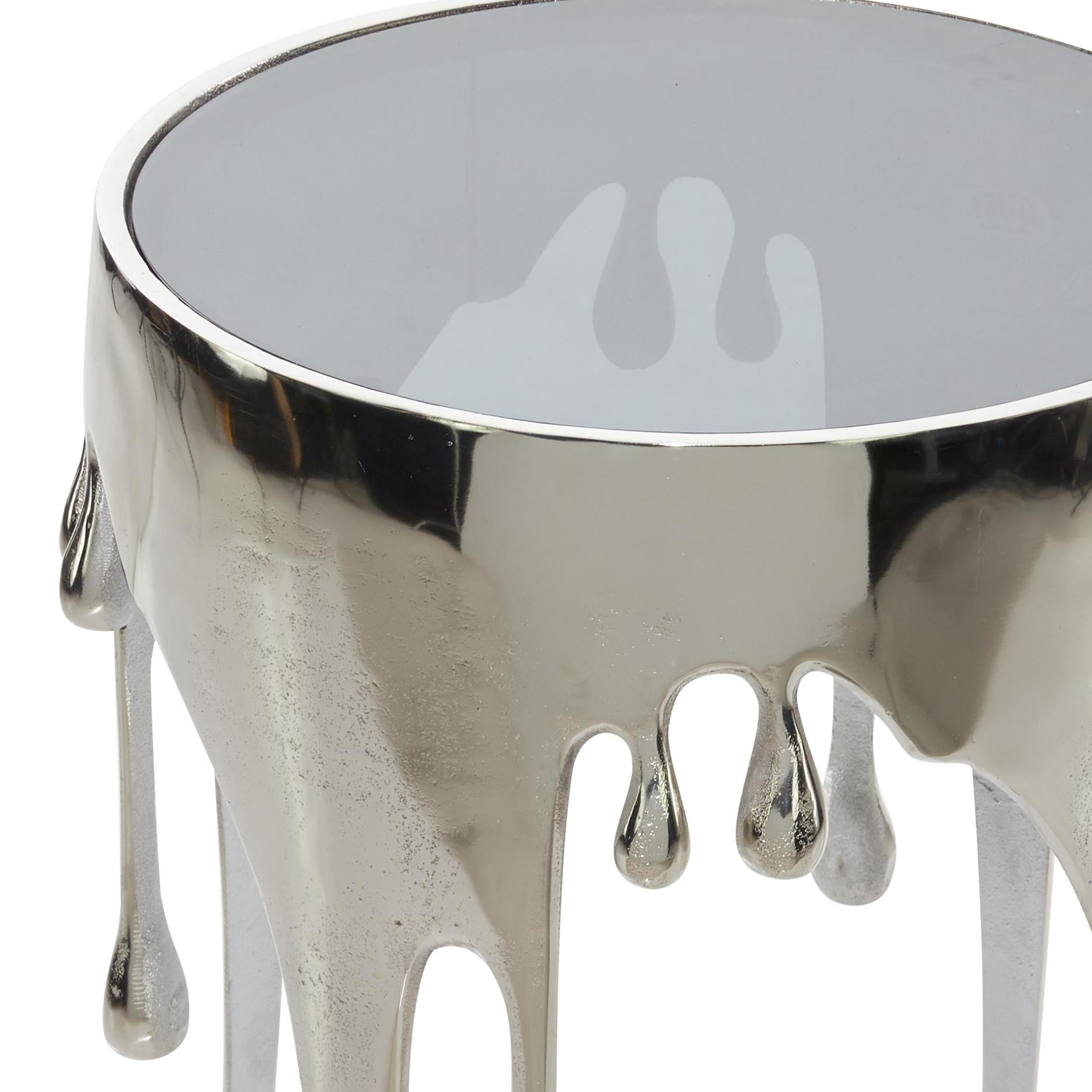DecMode 16"W, 25"H Contemporary Accent Table with Tempered Glass Top, Raw Aluminum Finish with Melting Silver Design