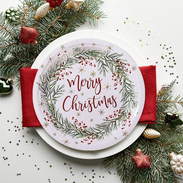 pstuiky Platos de papel desechables pintados para fiestas navideñas resistentes al agua y al aceite con base de pulpa espesa y resistente.