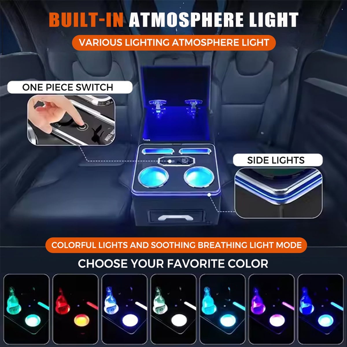 Universal Center Console, Bench Rear Seat Armrest Organizer with Fast Phone Charging & Upgraded 7-Color Adjustable LED Lighting, Truck Center Console Storage Box with Cup & Phone Holders(Beige)