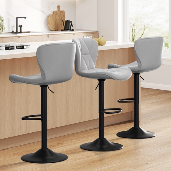 Hawsaiy Modern Bar Stools Set of 3, Adjustable Faux Leather Upholstered Swivel Bar Stools, Counter Height Bar Chairs with Back for Kitchen Island, Light Gray