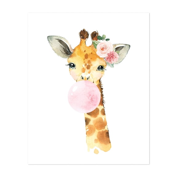 Giraffe, Jungle Animals, Safari Animals, Bubble Gum, Pink Flowers, Girl Nursery - Illustration Animal Watercolor Whimsical Floral Humor Unframed Wall Art Print 6 x 8 inches