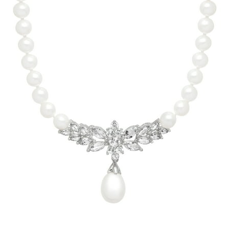 3 1/3 ct Created White Sapphire & Freshwater Pearl Necklace in 14kt White Gold