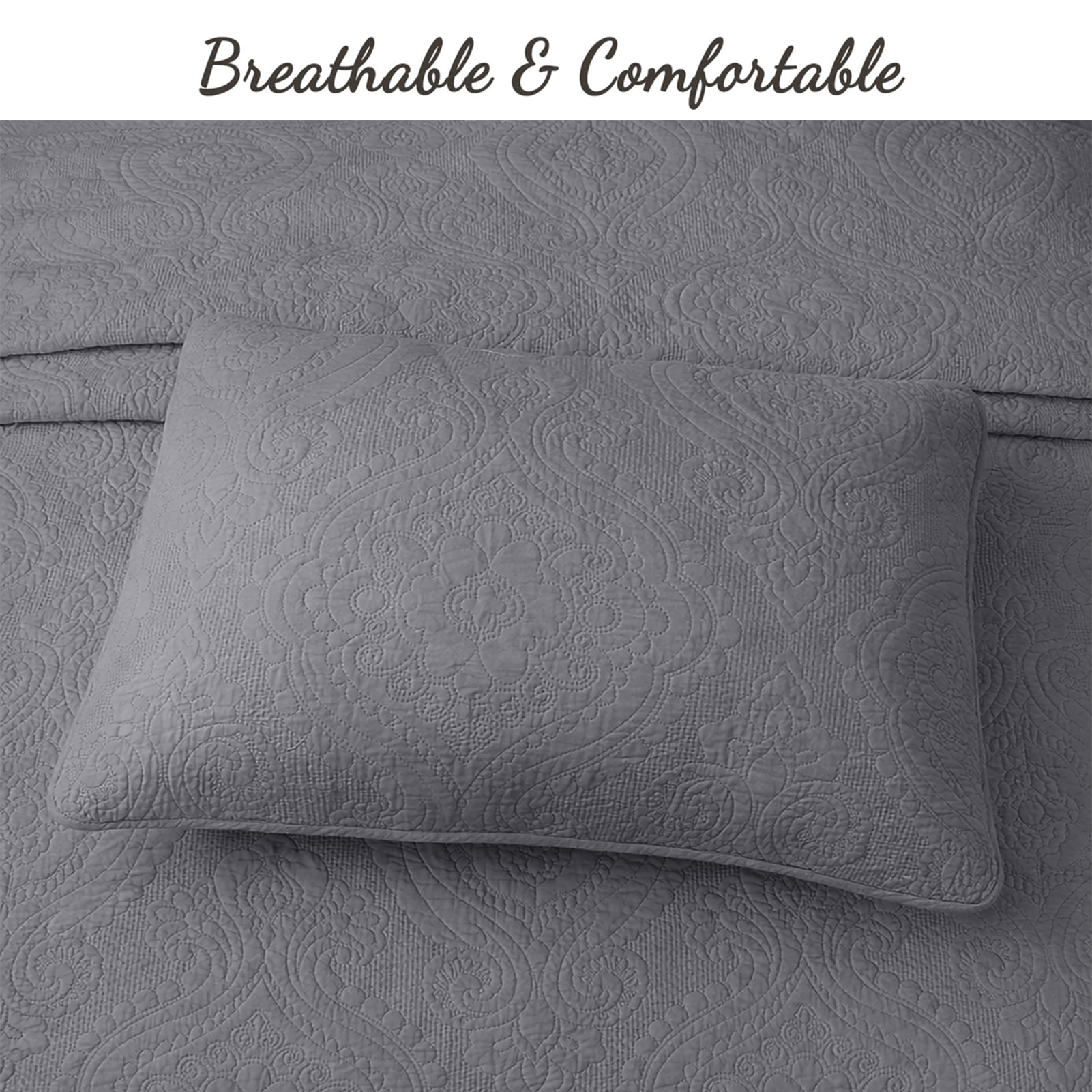 Cozy Line Gray Chic Brocade Matelassé Medallion 3 Piece Cotton Quilt Bedding Set, Queen - Reversible ( 3 Count)