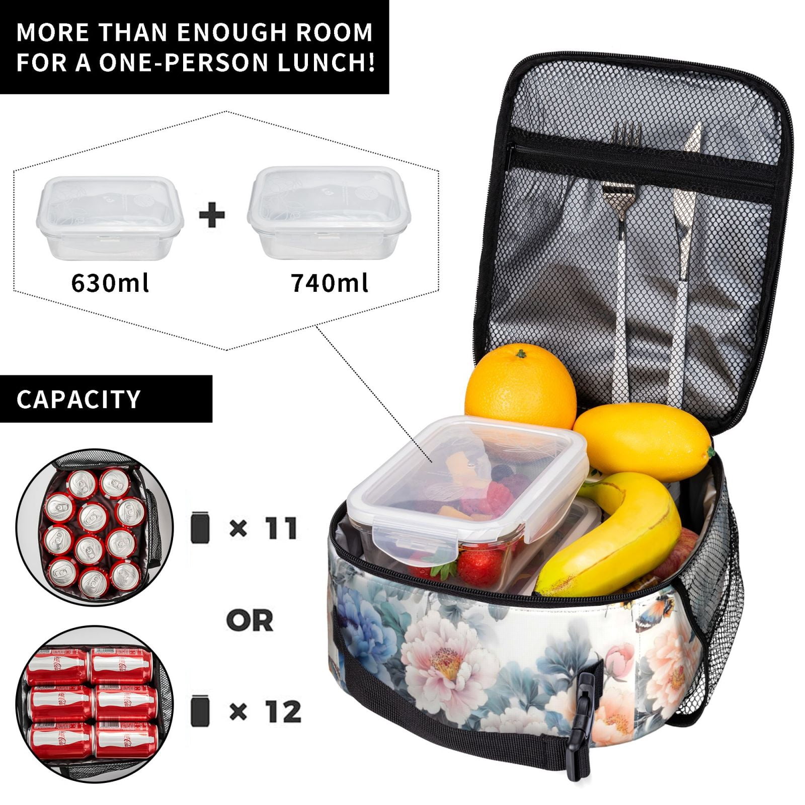 Lunch Bag For Women Men Insulated Portable Lunch Box Bento Box Office Picnic Travel Cooler Bag Flowers And Butterflies