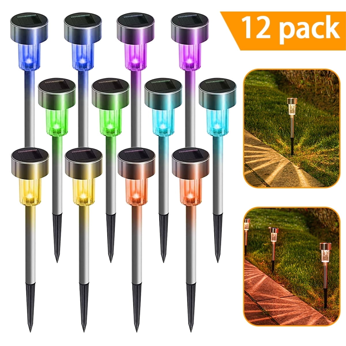 Qishi Solar Garden Lights Outdoor 12 pack LED Solar Powered Pathway Lights Stainless Steel Landscape Lighting for Lawn Patio Yard Walkway Driveway Color