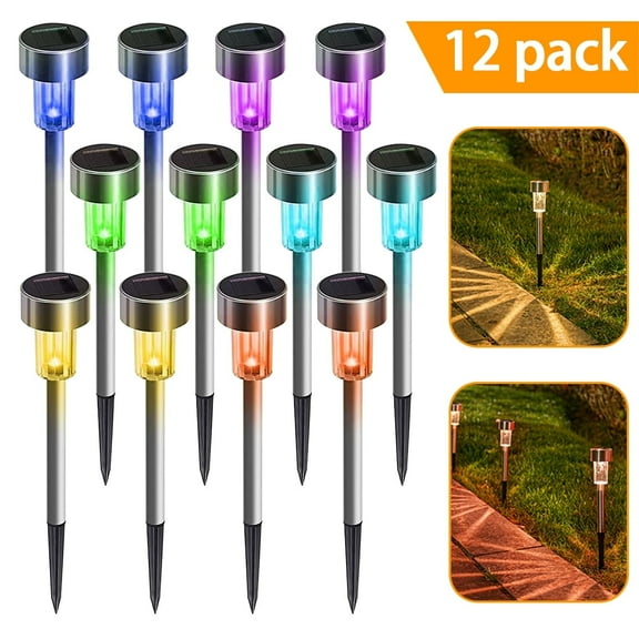 Qishi Solar Garden Lights Outdoor 12 pack, LED Solar Powered Pathway Lights, Stainless Steel Landscape Lighting for Lawn, Patio, Yard, Walkway, Driveway Color