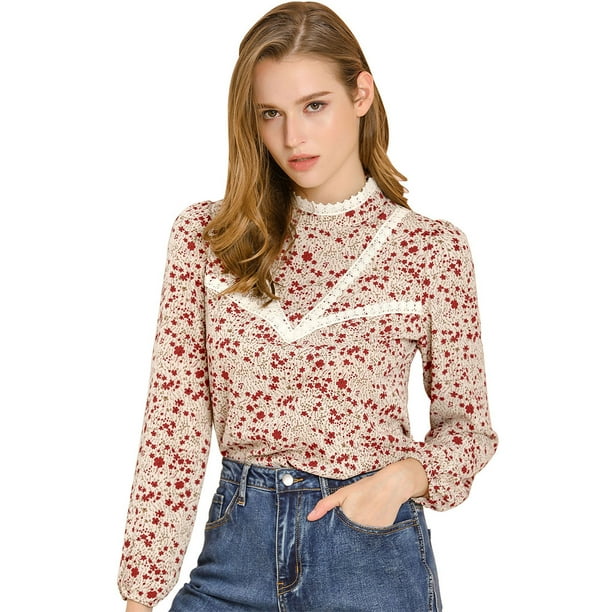 Allegra K Blusa De Encaje Floral Con Cuello Alto Manga Larga Top Para Mujer Beige XS