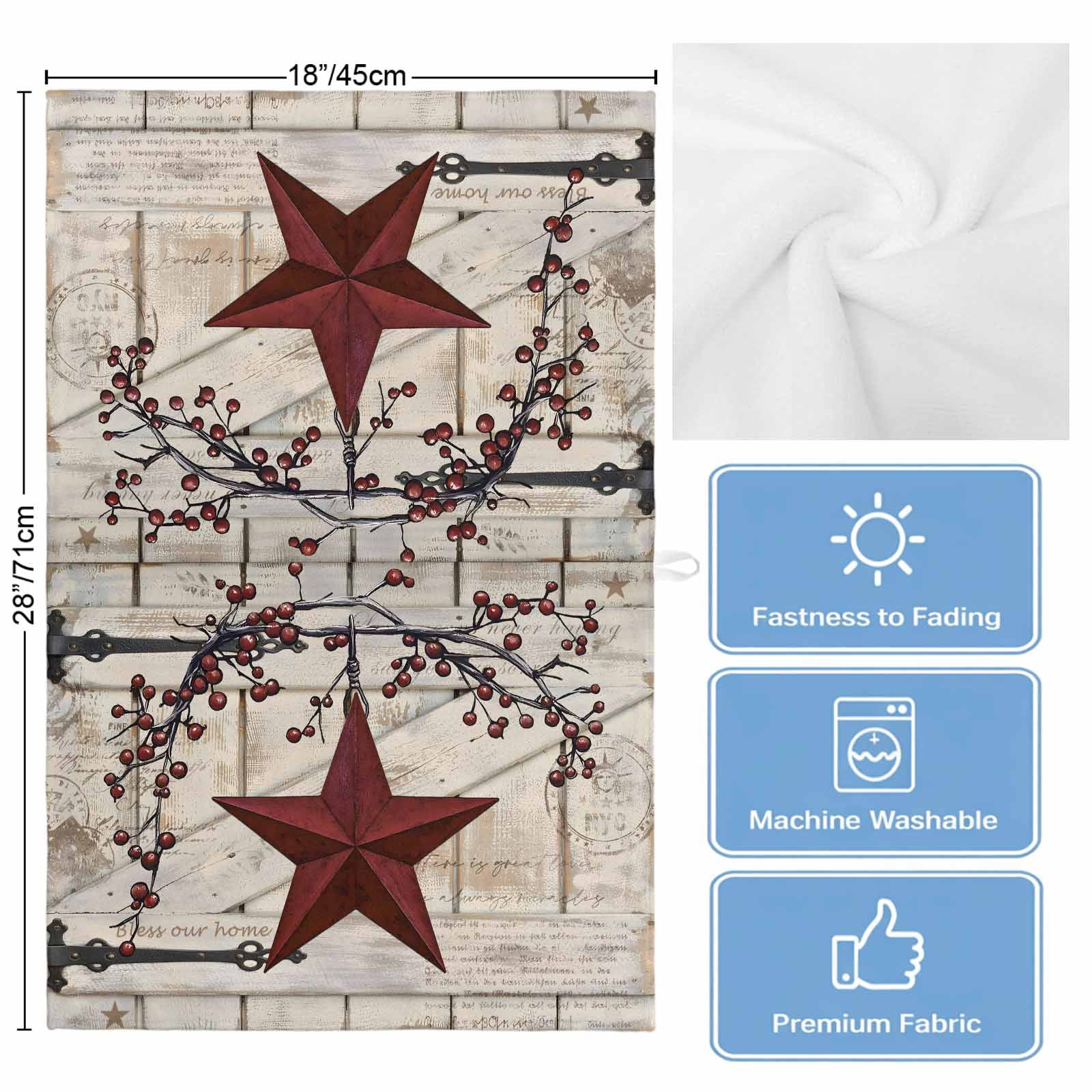 Texas Star Vintage Kitchen Towels Set of 2, Water Absorbent Dish Towel, Red Retro Berry Beige Wooden Decorative Hand Towels - Quick Drying Cloth for Cooking Baking, 18x28 Inch