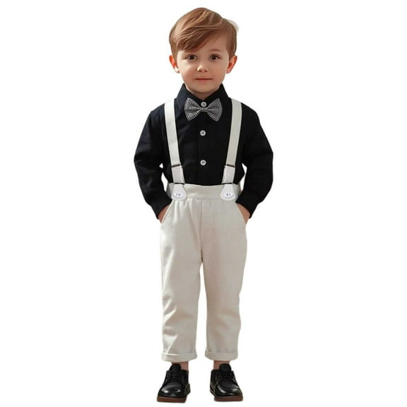 RMGVDSD Toddler Baby Boys Clothes Suits Long Sleeve Bowtie Formal Dress Shirts Suspenders Pants 4Pcs Gentleman Outfits Set 2-3 Years